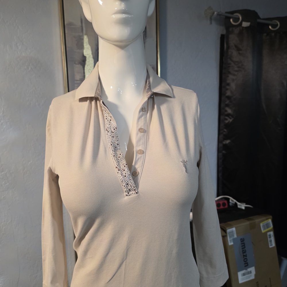 Elegant Beige Lace Trim Polo Shirt